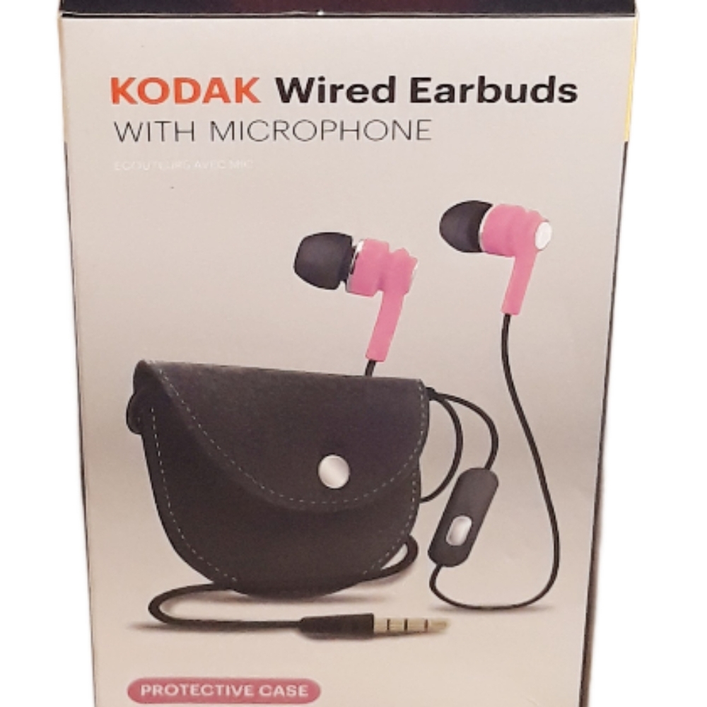 Kodak Pink Wired Earbuds with Microphone and Protective Case